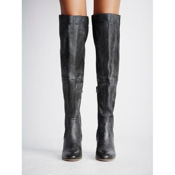 FREE PEOPLE Jack Over-the-Knee Tall Heel Boot 36 Black Shadow Leather Distressed - Picture 2 of 11